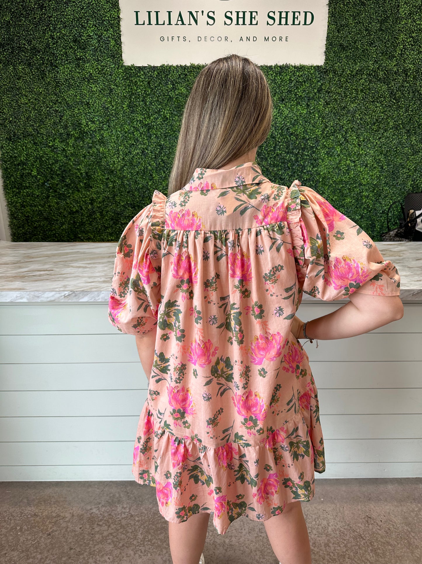 Peach Floral Collared Mini Dress