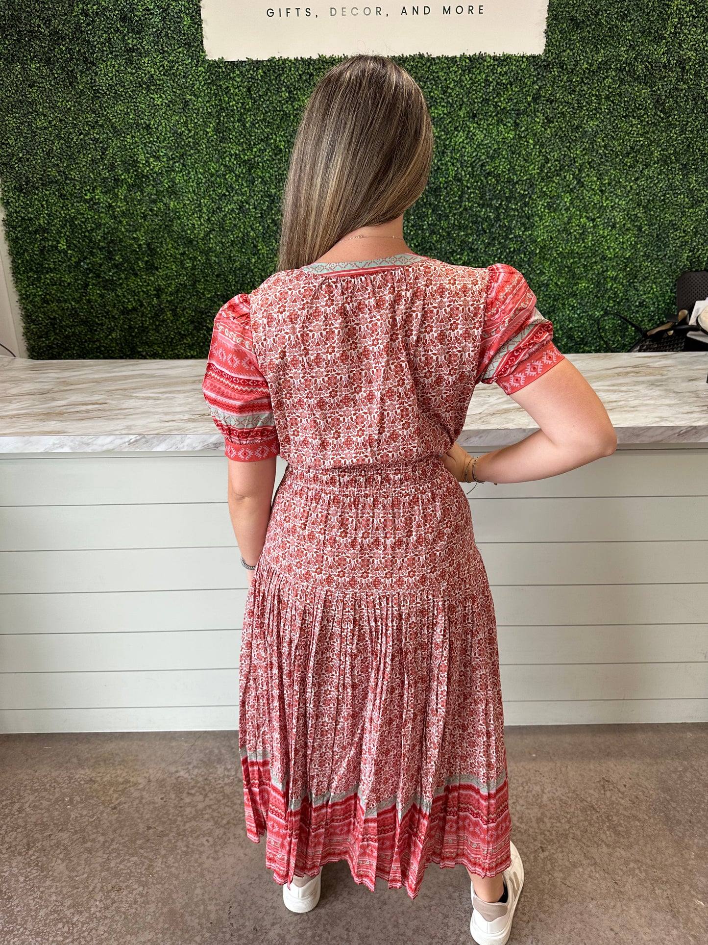 Short Sleeve Neck Patterned Midi Dress