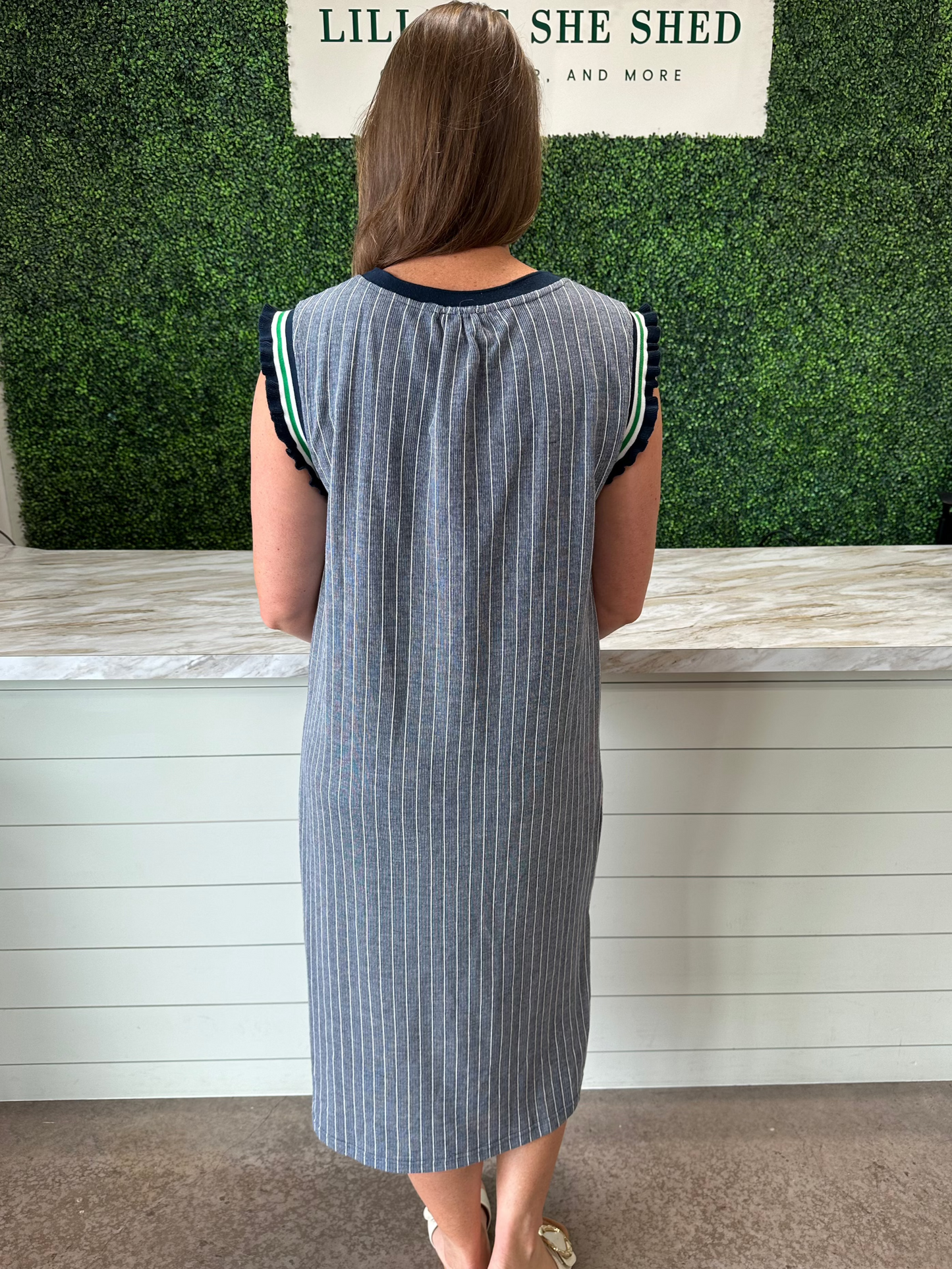 Navy Rib Band Striped Midi Dress