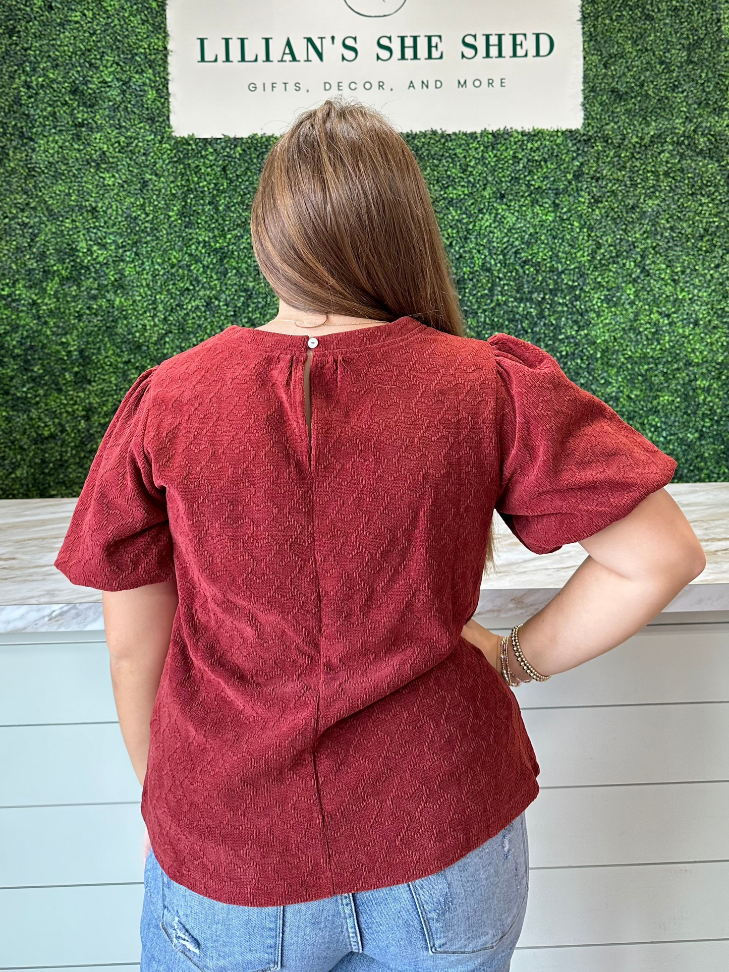 Burgundy Heart text Puff Sleeve Top