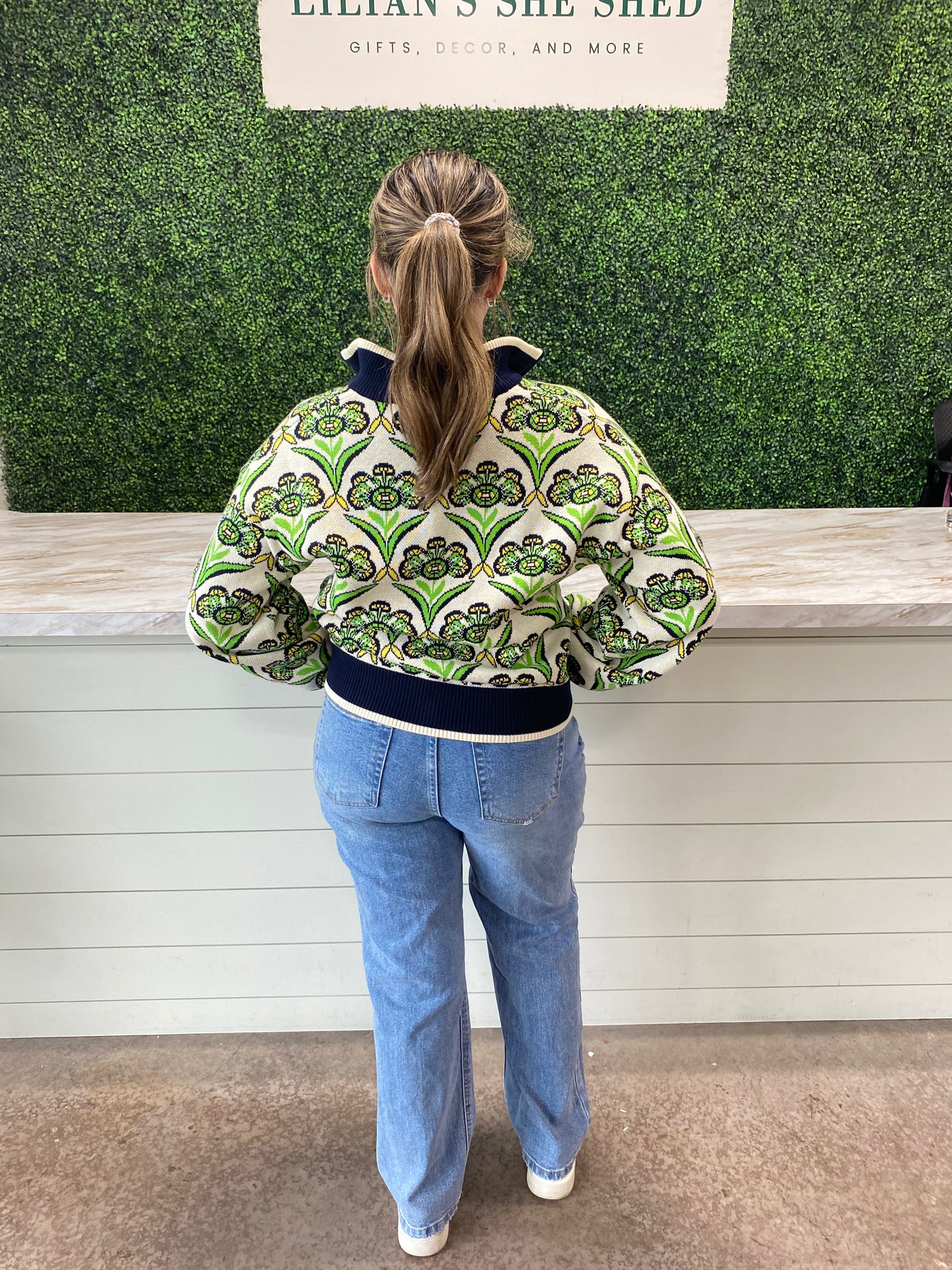 Green Floral Zip Up Sweater