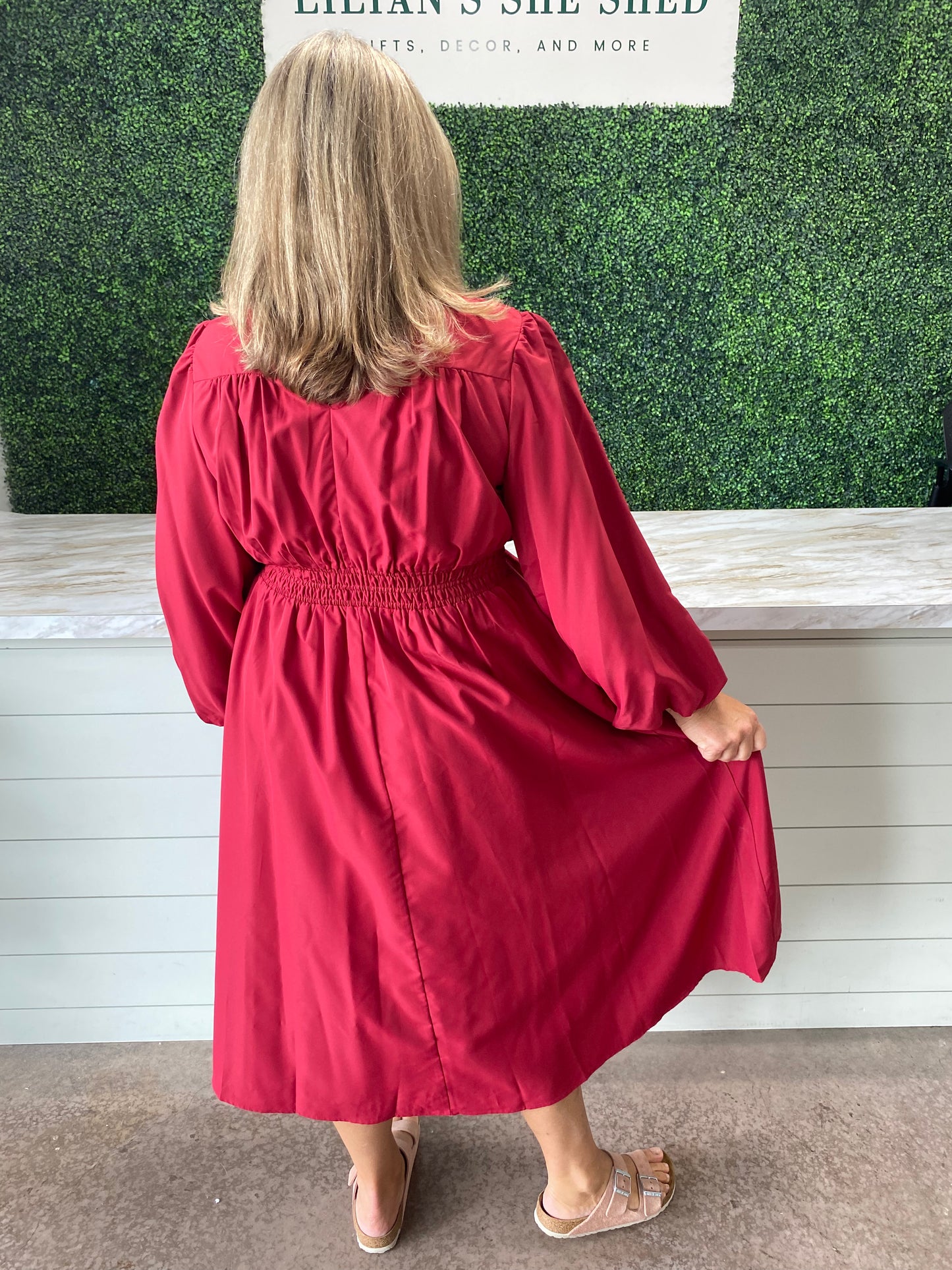 V-Neck Long Sleeve Midi Dress