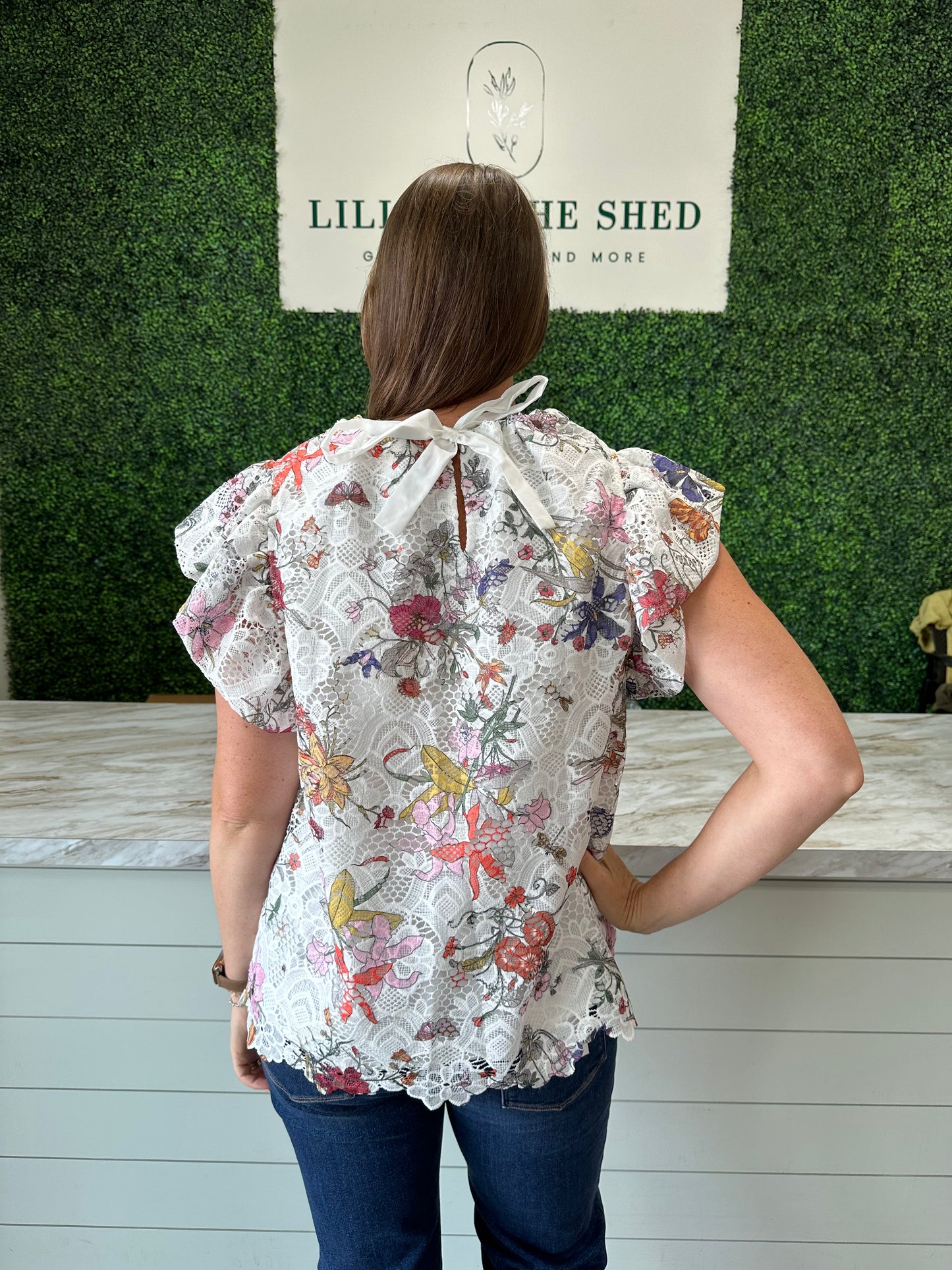 White Lace Floral High Neck Top