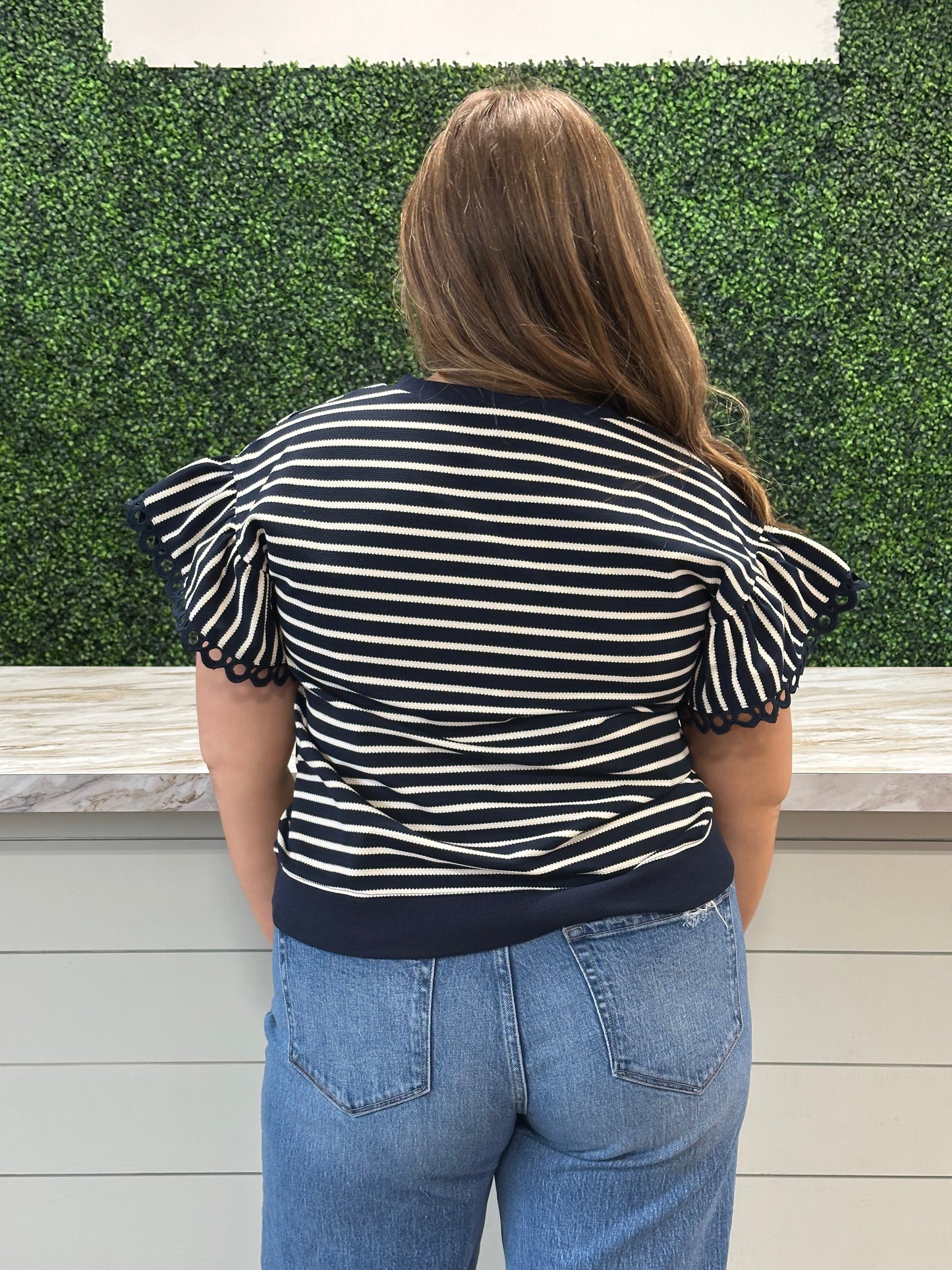 Striped Crew Neck Lace Trim Top