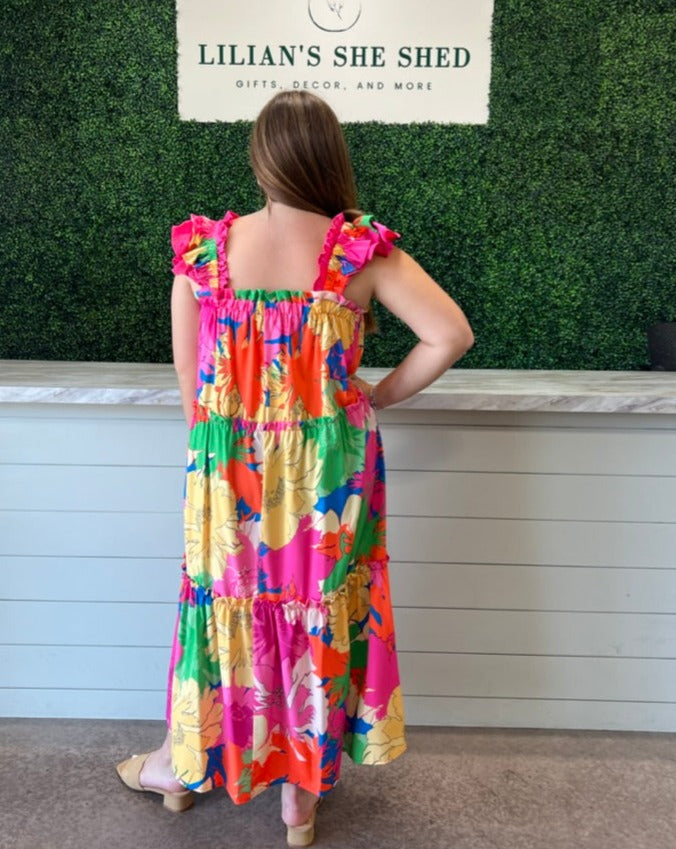 Bright Floral Flutter Strap Dress