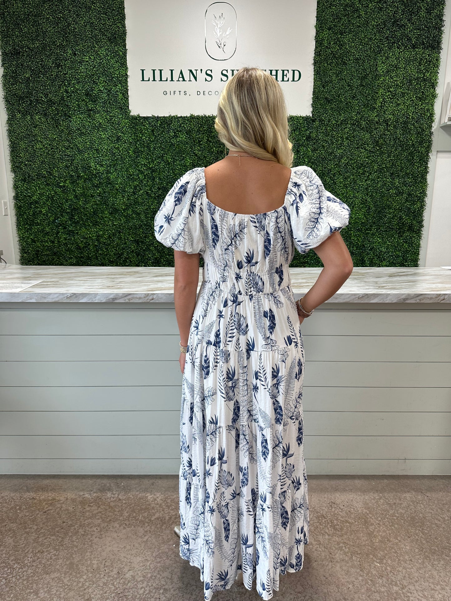 Blue and White Puff Sleeve Maxi dress