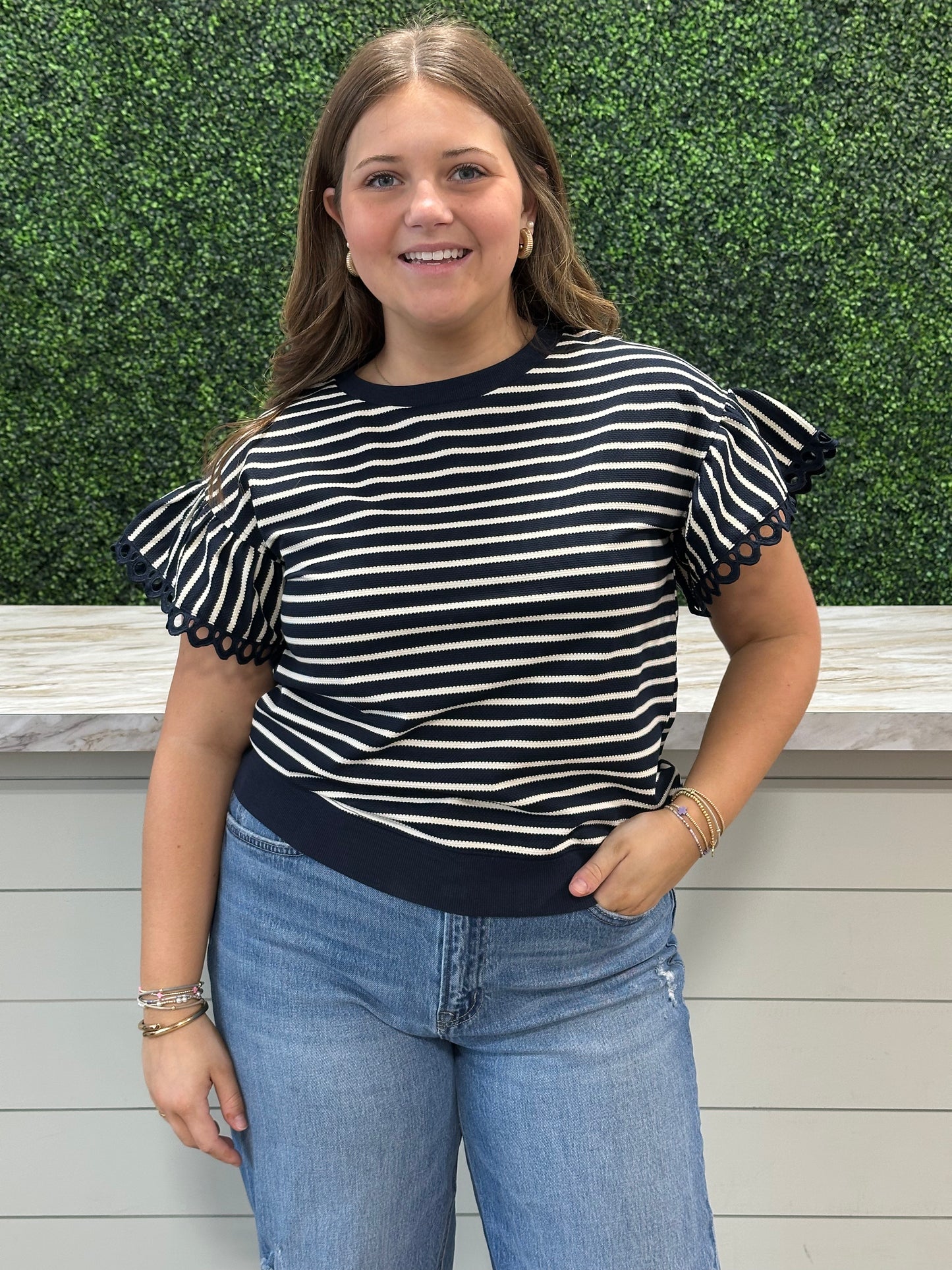 Striped Crew Neck Lace Trim Top