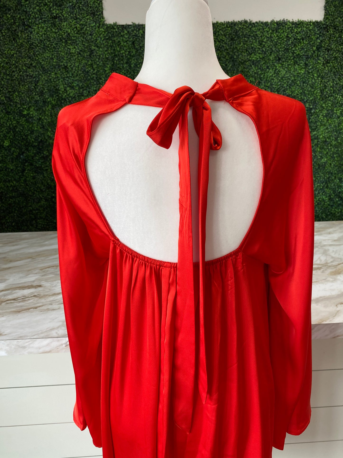 Tomato Red Bell Sleeve Silk Dress