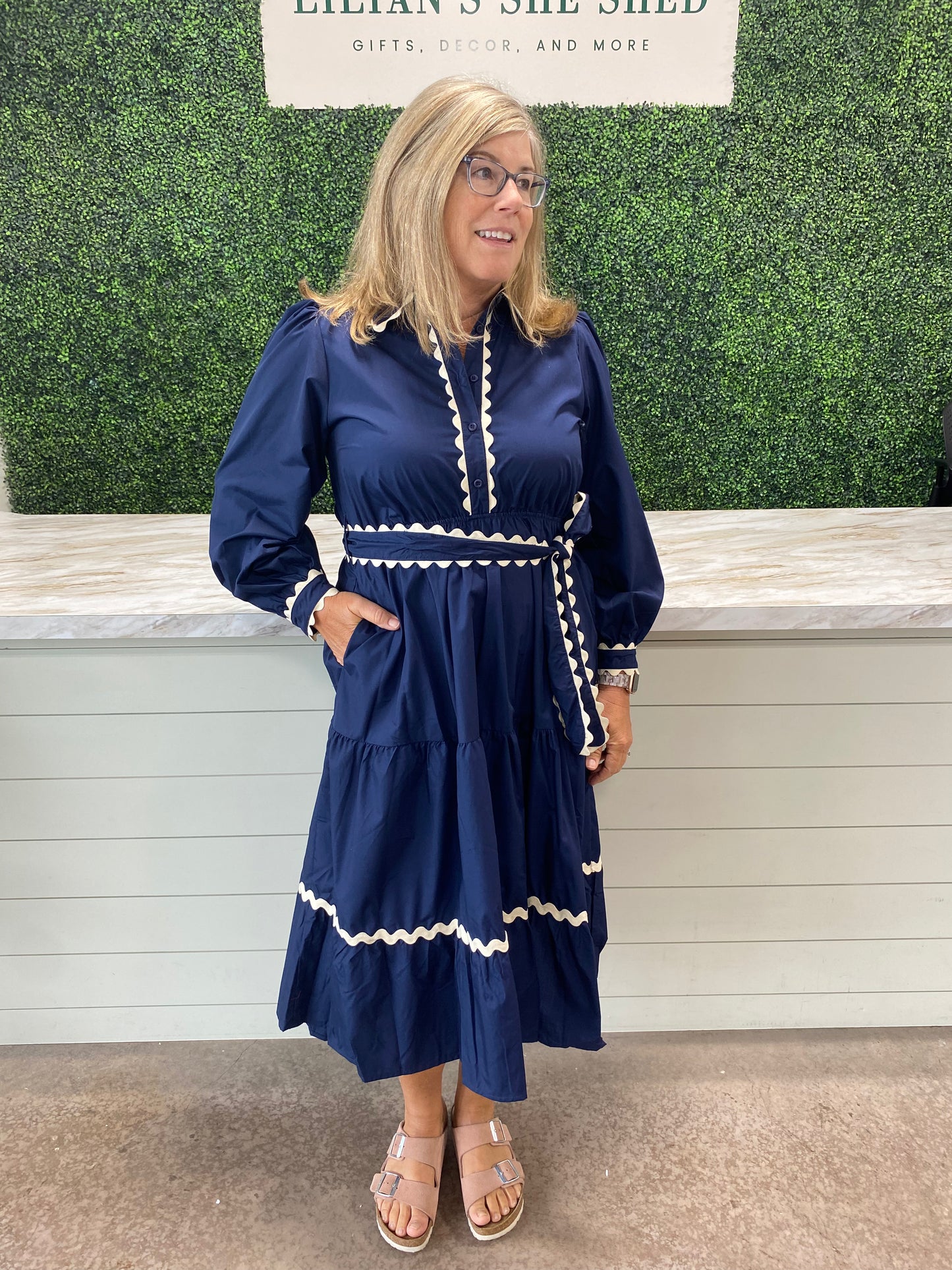 Navy Ric Rac Trim Midi Dress