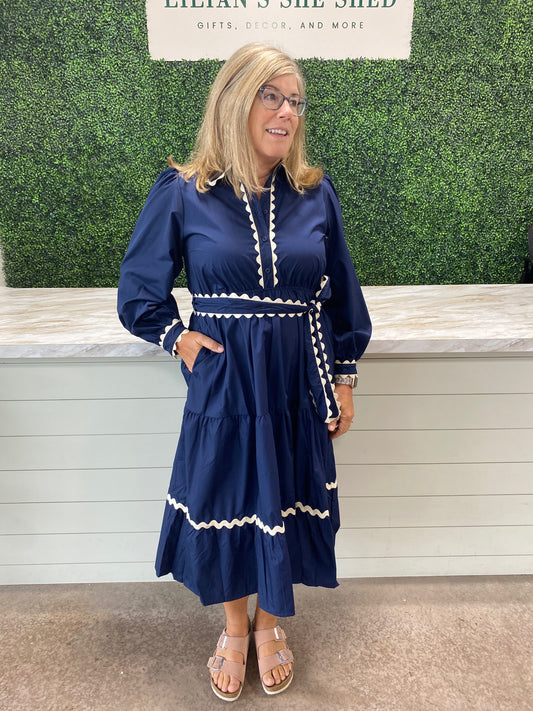Navy Ric Rac Trim Midi Dress