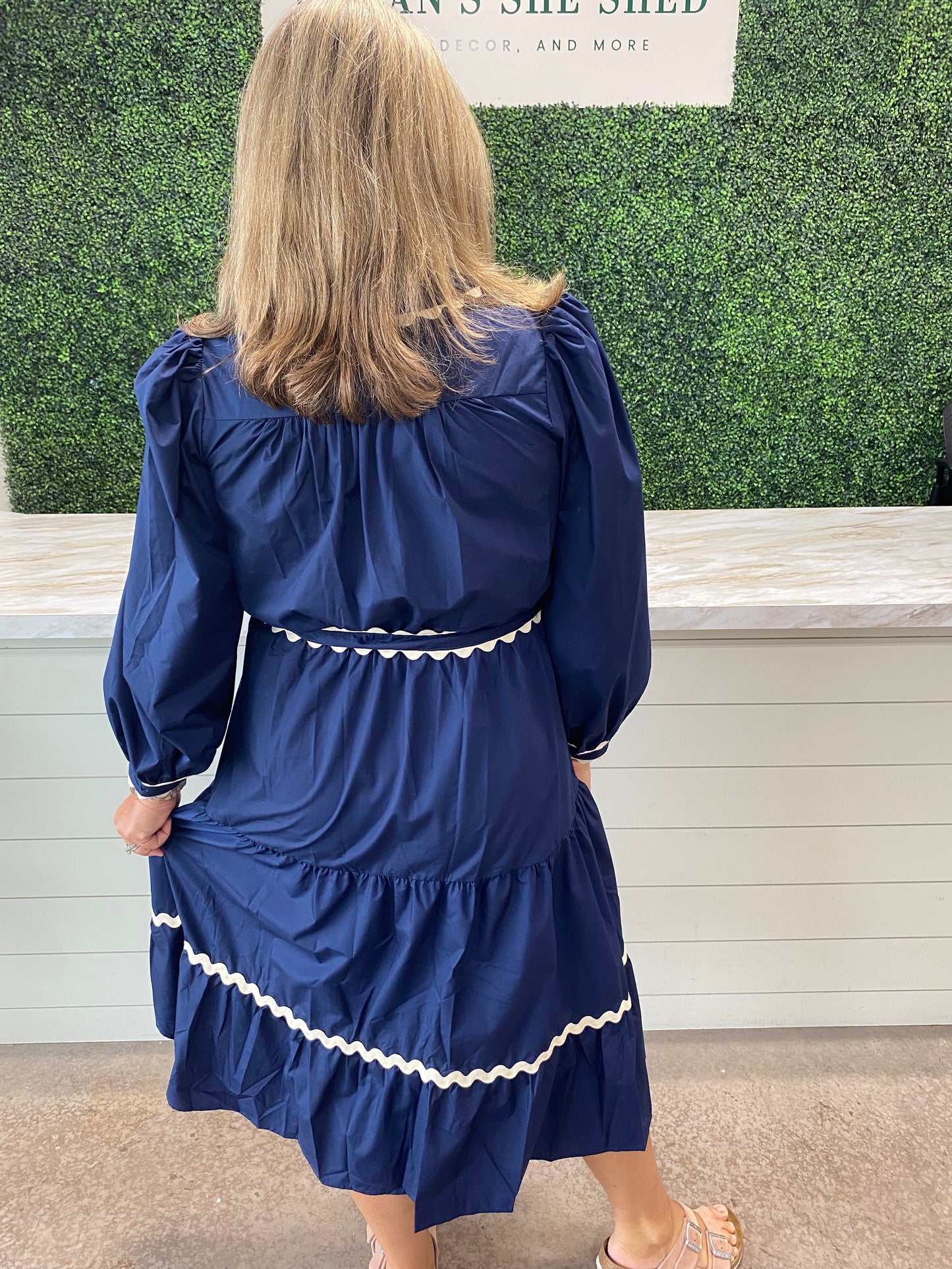 Navy Ric Rac Trim Midi Dress