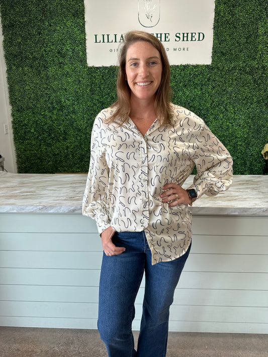 Natural and Black Abstract Silk Top