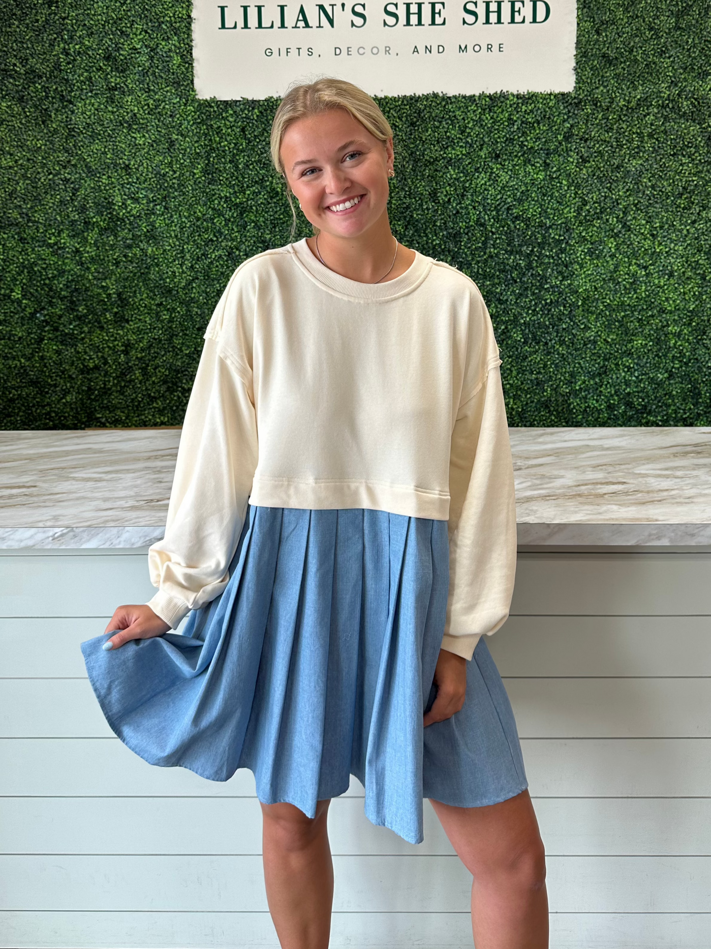 Cream with Denim Skirt Dress