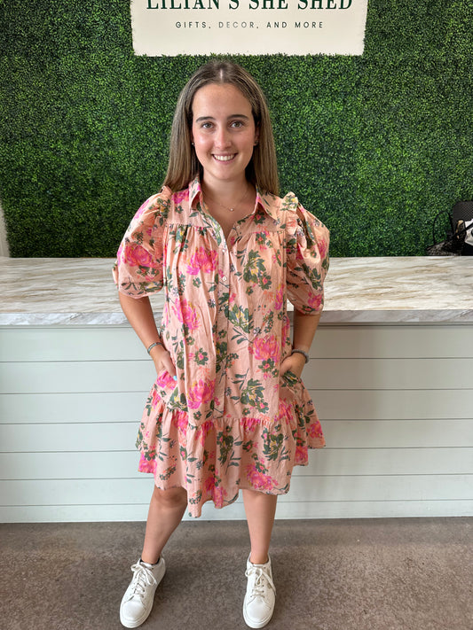 Peach Floral Collared Mini Dress