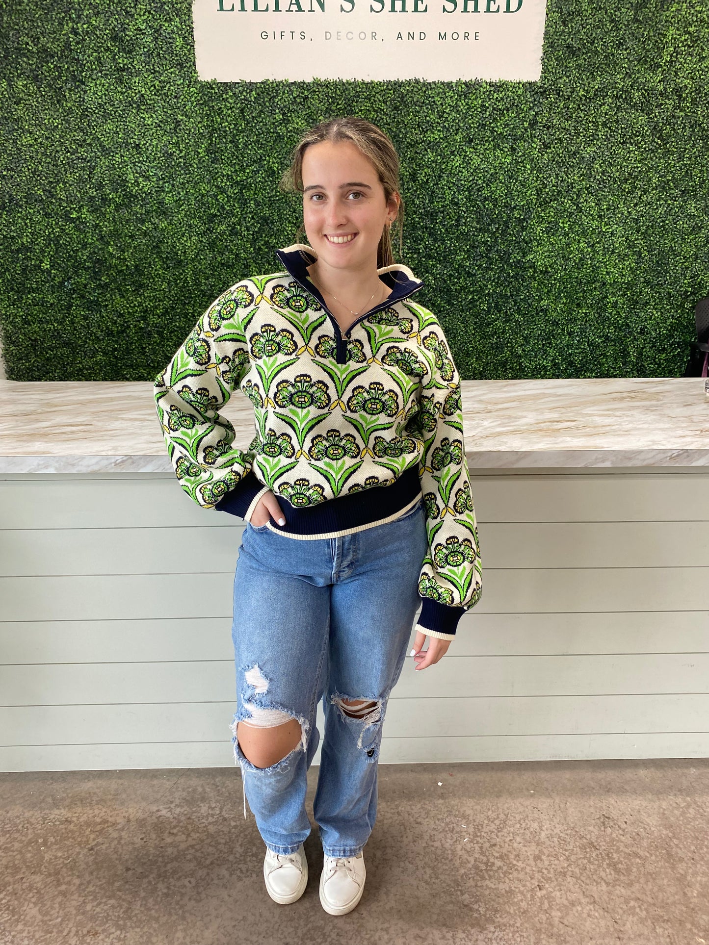 Green Floral Zip Up Sweater