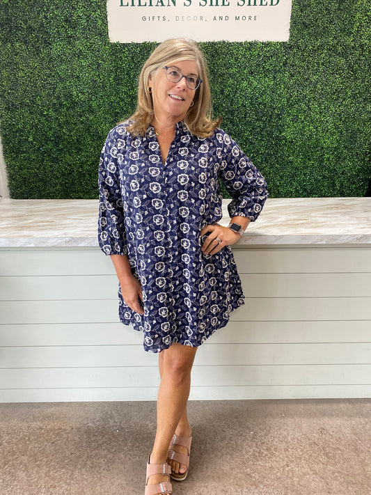 Navy Floral V-Neck Mini Dress