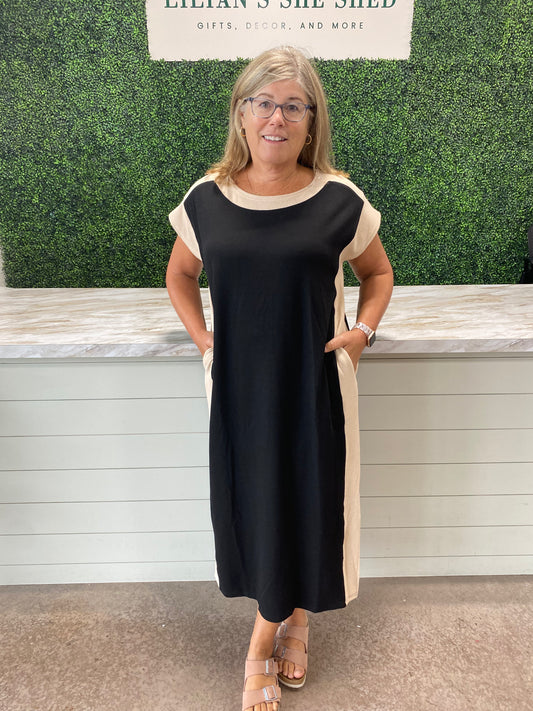 Solid Ribbed Trim Midi Dress