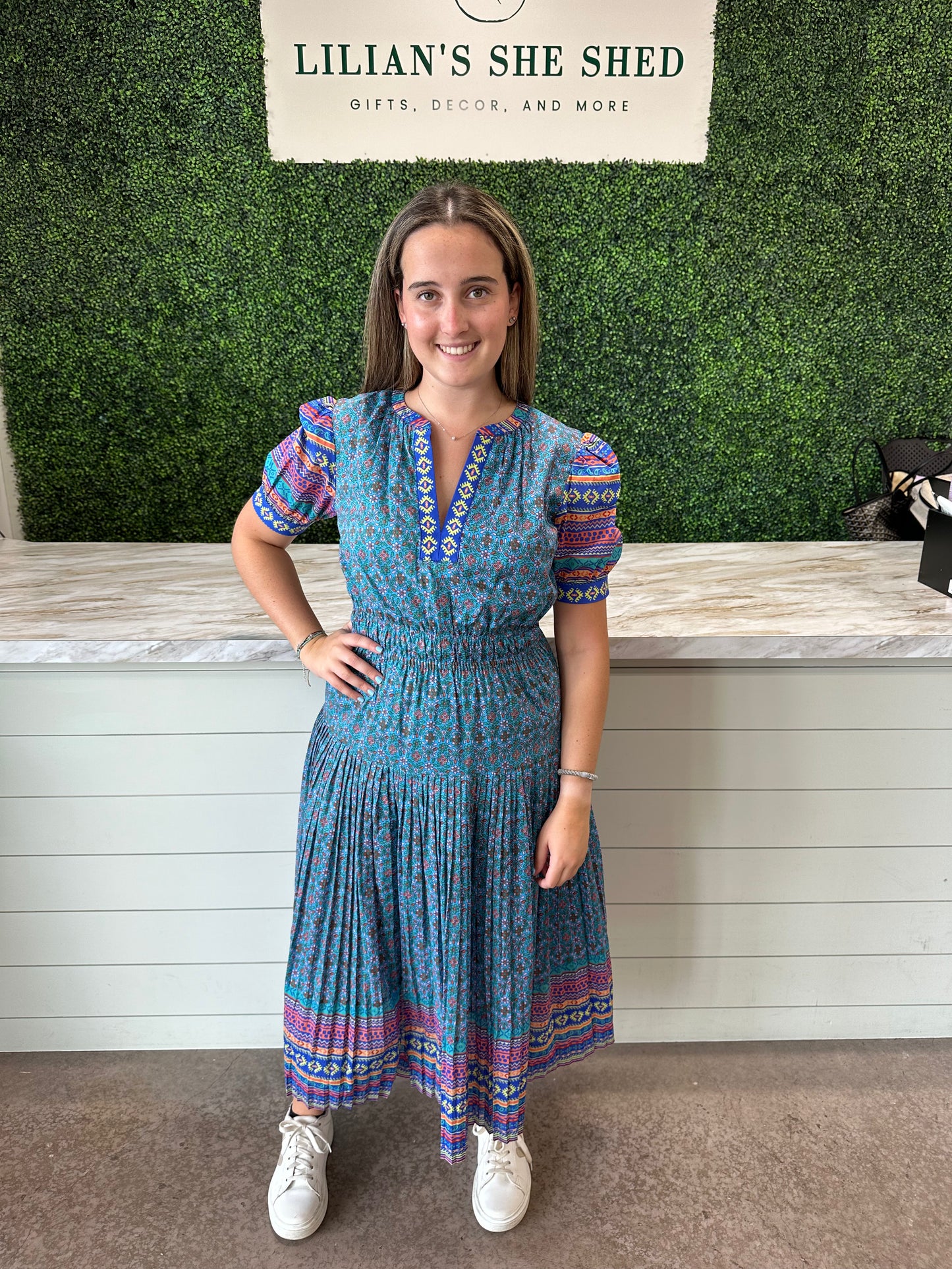 Short Sleeve Neck Patterned Midi Dress