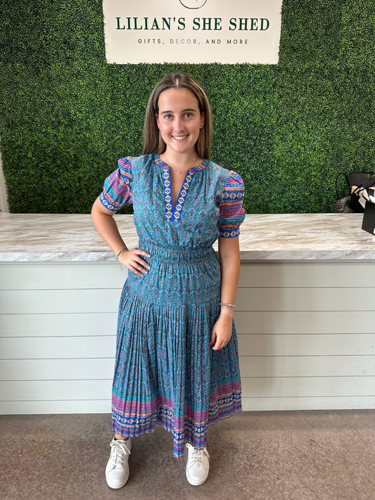 Short Sleeve Neck Patterned Midi Dress