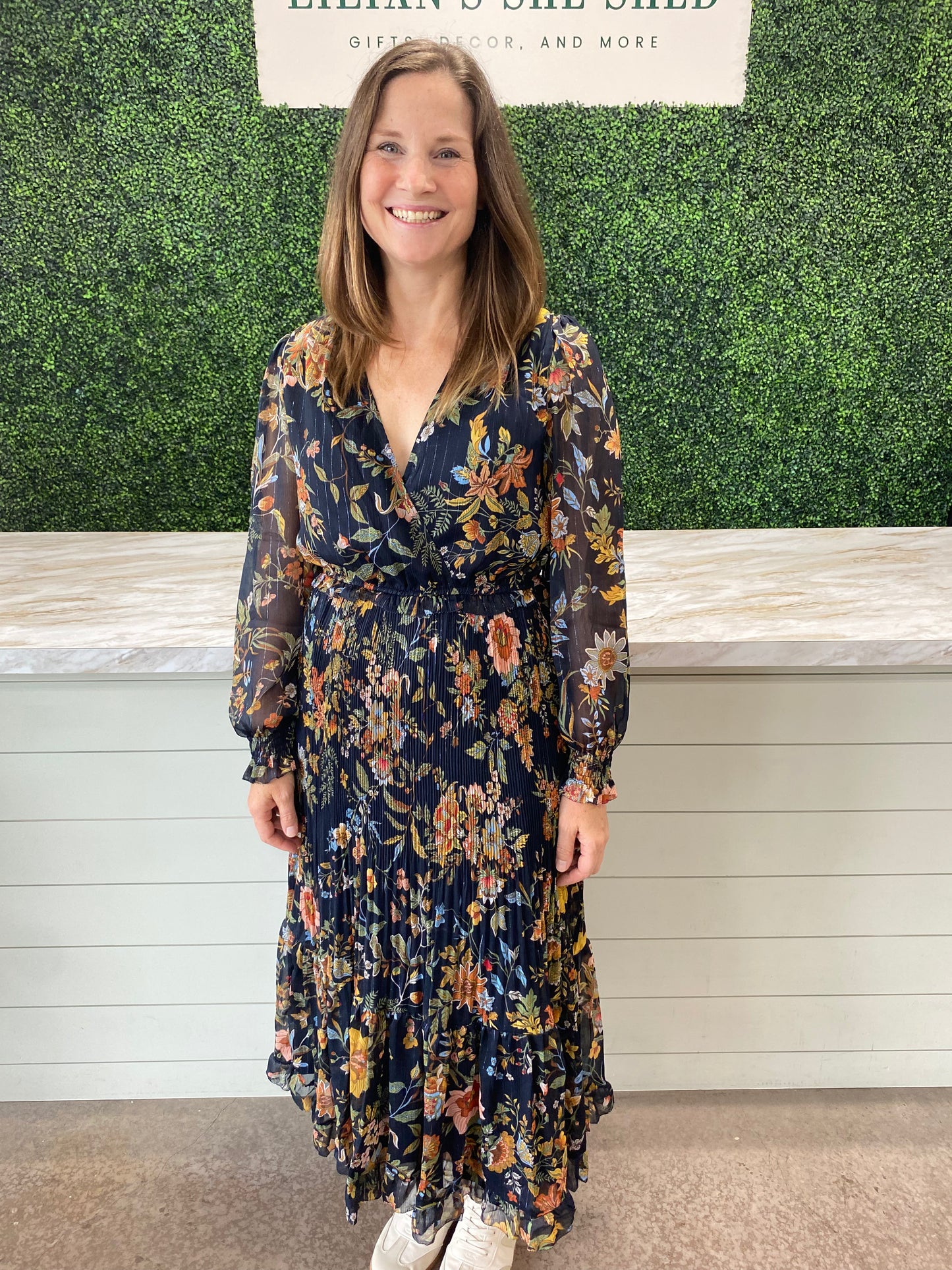 Long sleeve Navy Floral Printed Maxi Dress