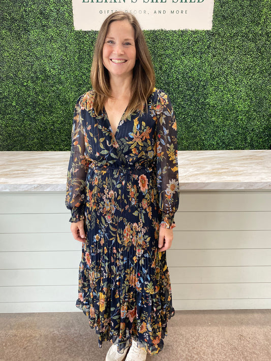 Long sleeve Navy Floral Printed Maxi Dress