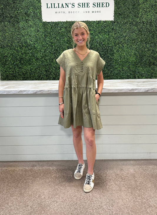 Button Down V-Neck Mini Dress