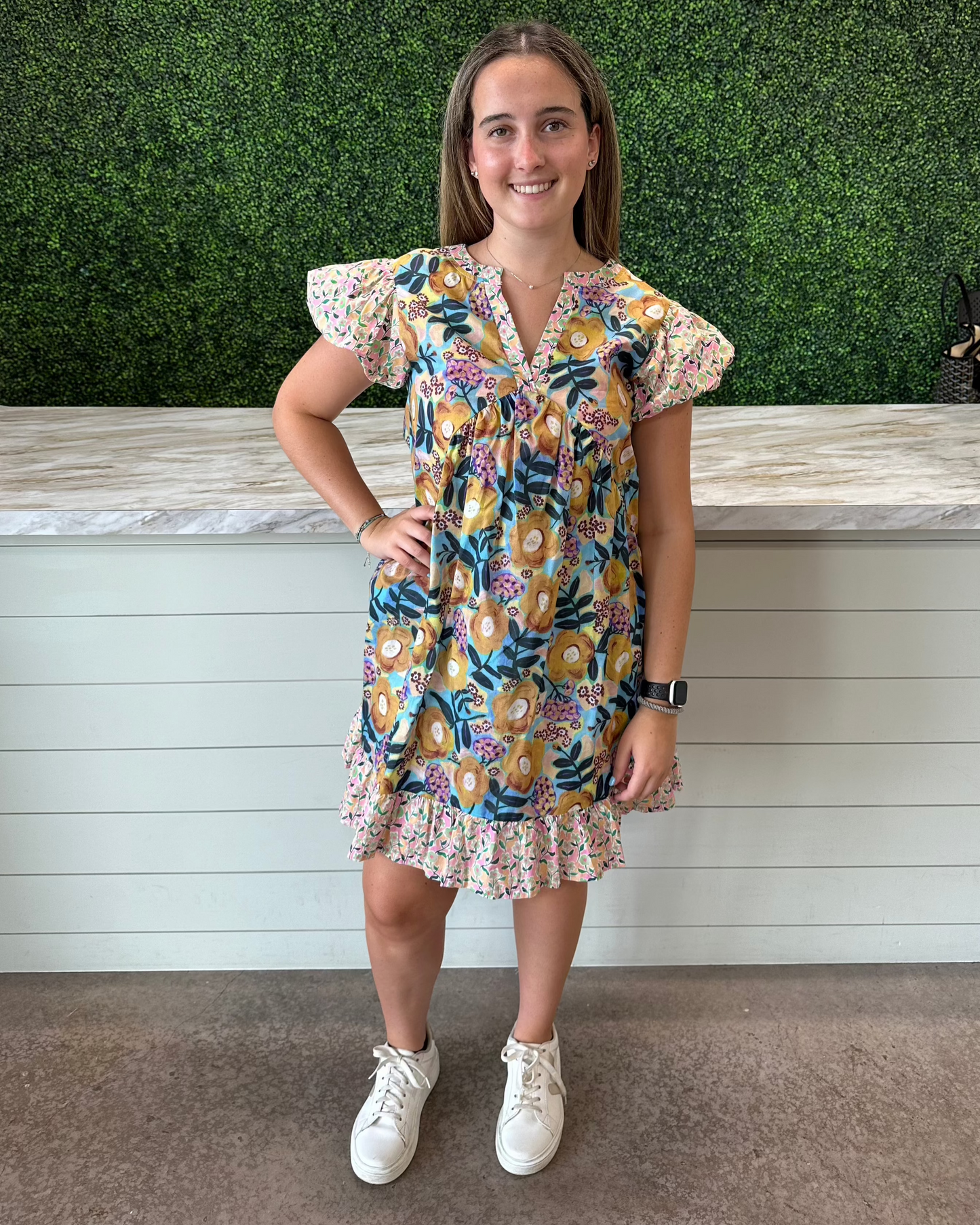 Mustard Print V-Neck Mini Dress