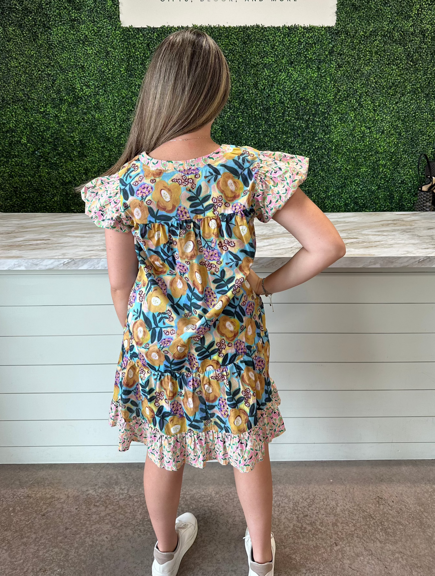 Mustard Print V-Neck Mini Dress