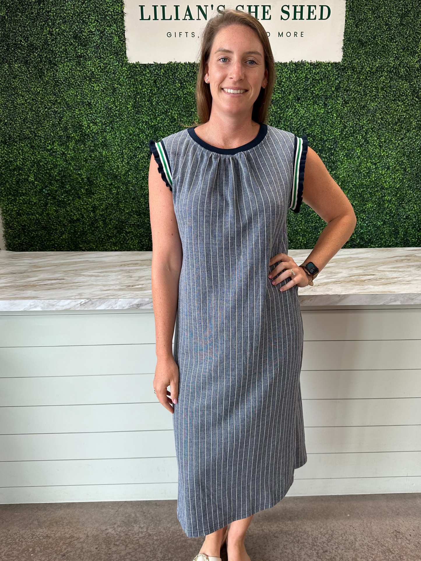 Navy Rib Band Striped Midi Dress