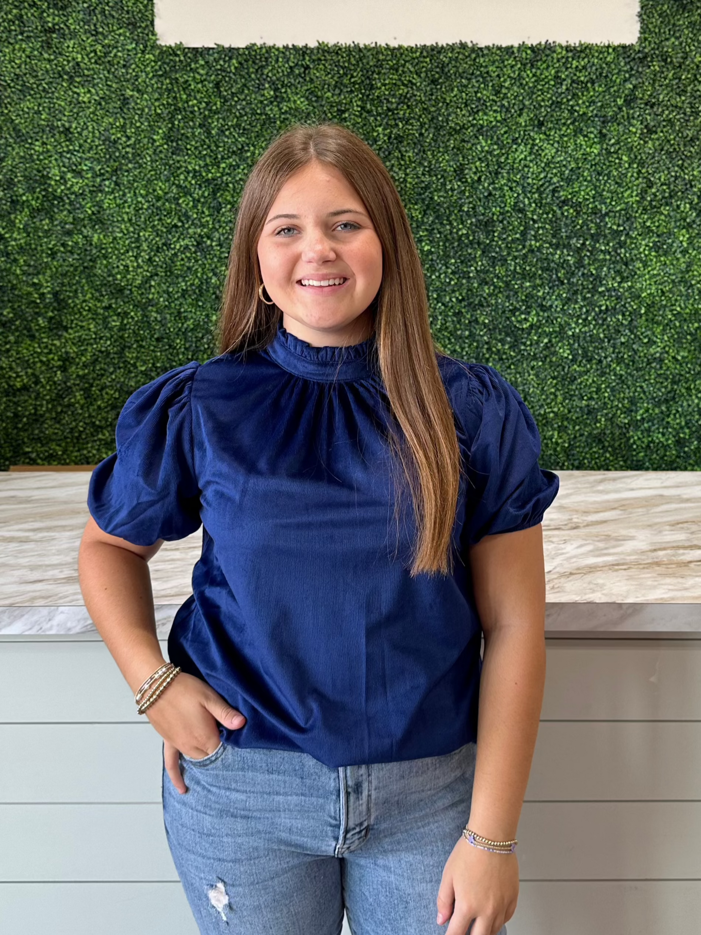 Navy Corduroy Ruff Neck Top