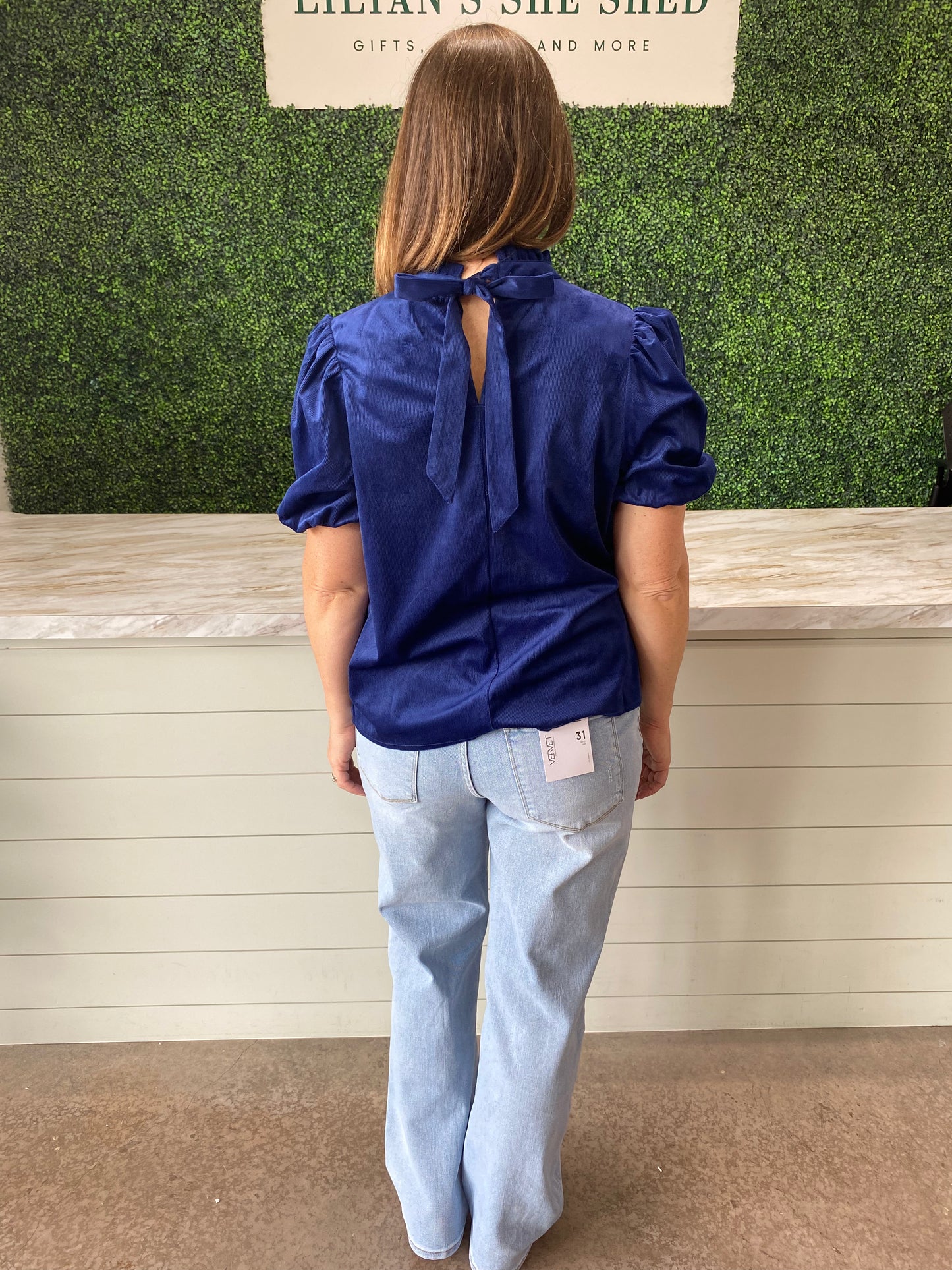 Navy Corduroy Ruff Neck Top