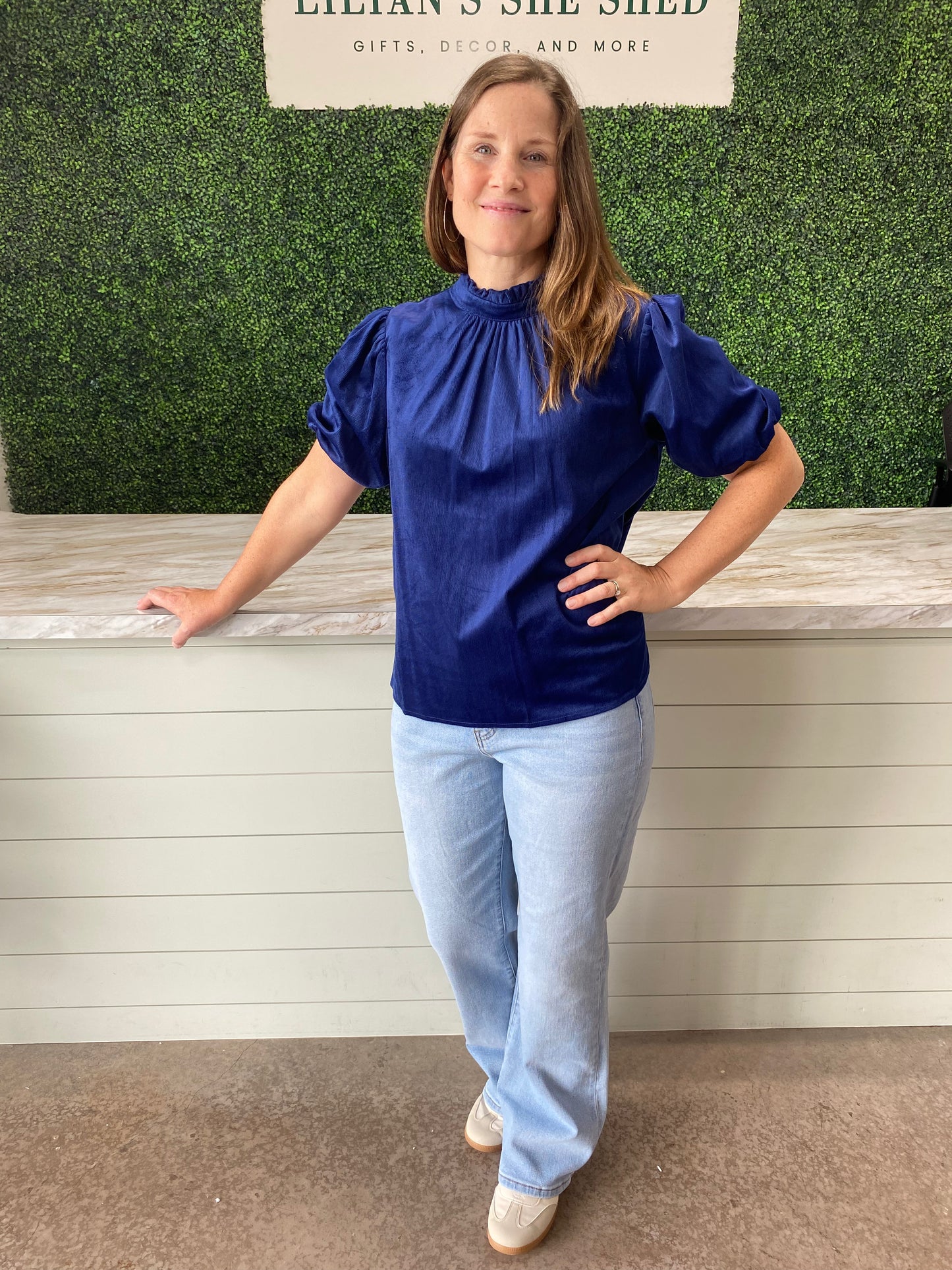 Navy Corduroy Ruff Neck Top