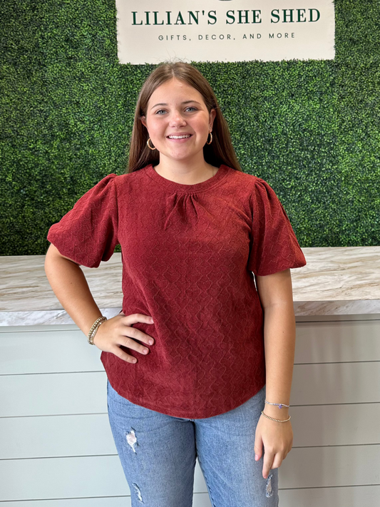 Burgundy Heart text Puff Sleeve Top