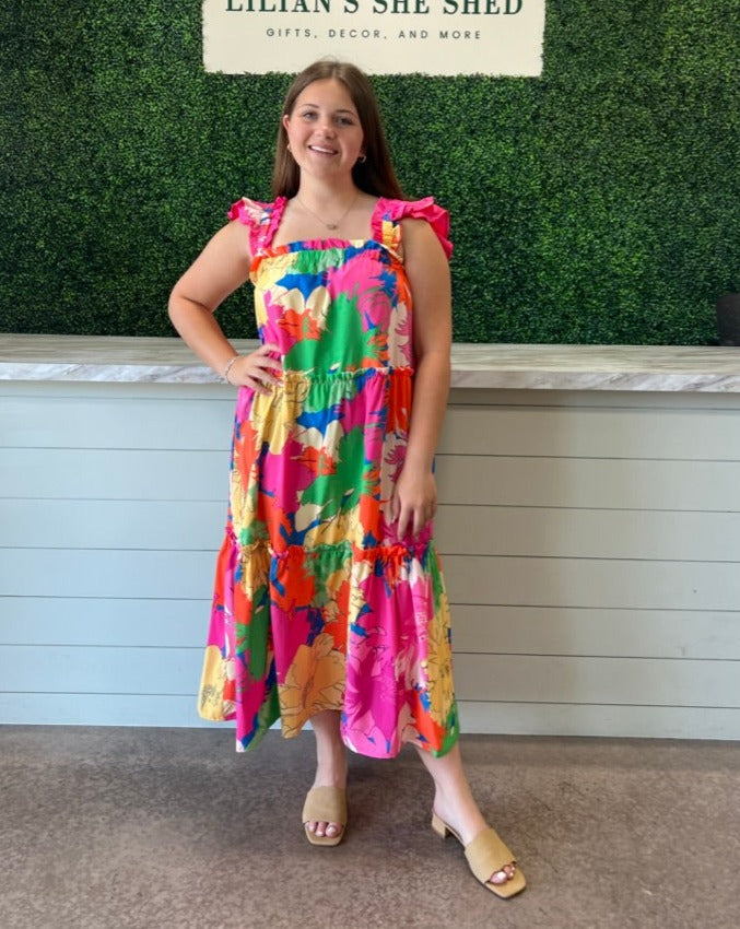 Bright Floral Flutter Strap Dress