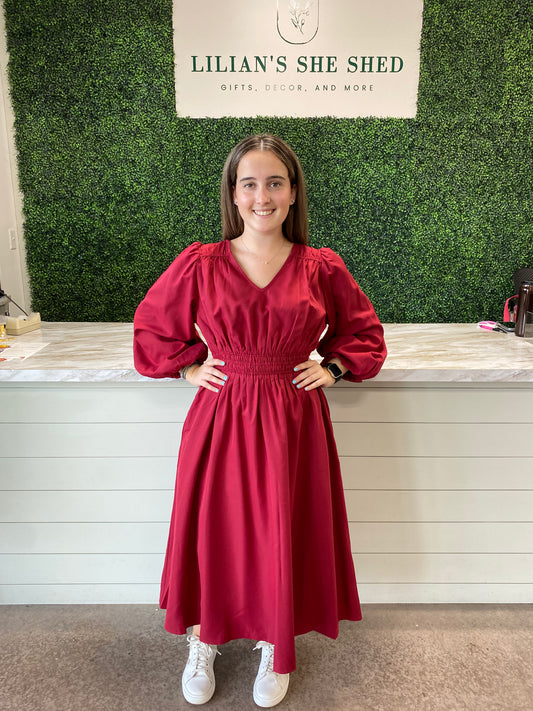 V-Neck Long Sleeve Midi Dress