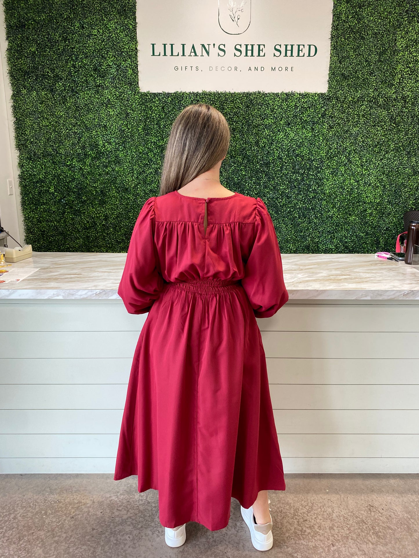 V-Neck Long Sleeve Midi Dress