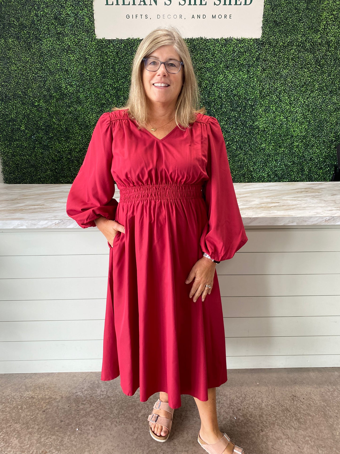 V-Neck Long Sleeve Midi Dress