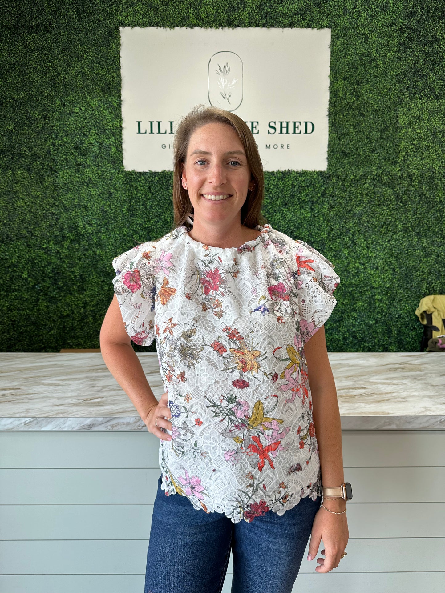 White Lace Floral High Neck Top