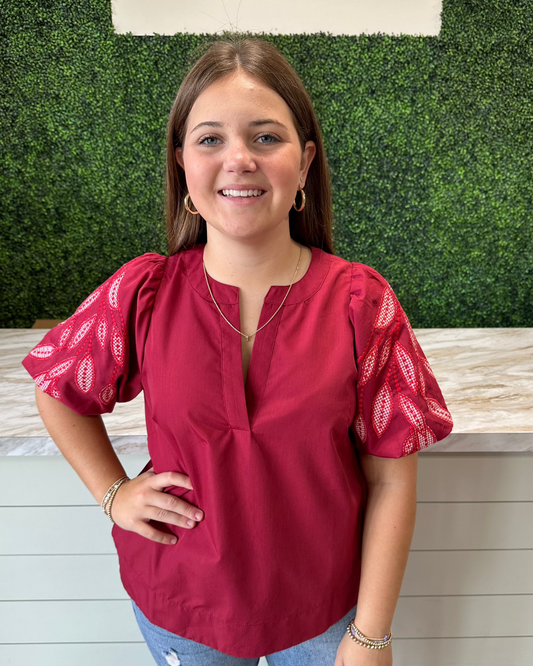 Red V-Neck Embroidered Sleeves Top
