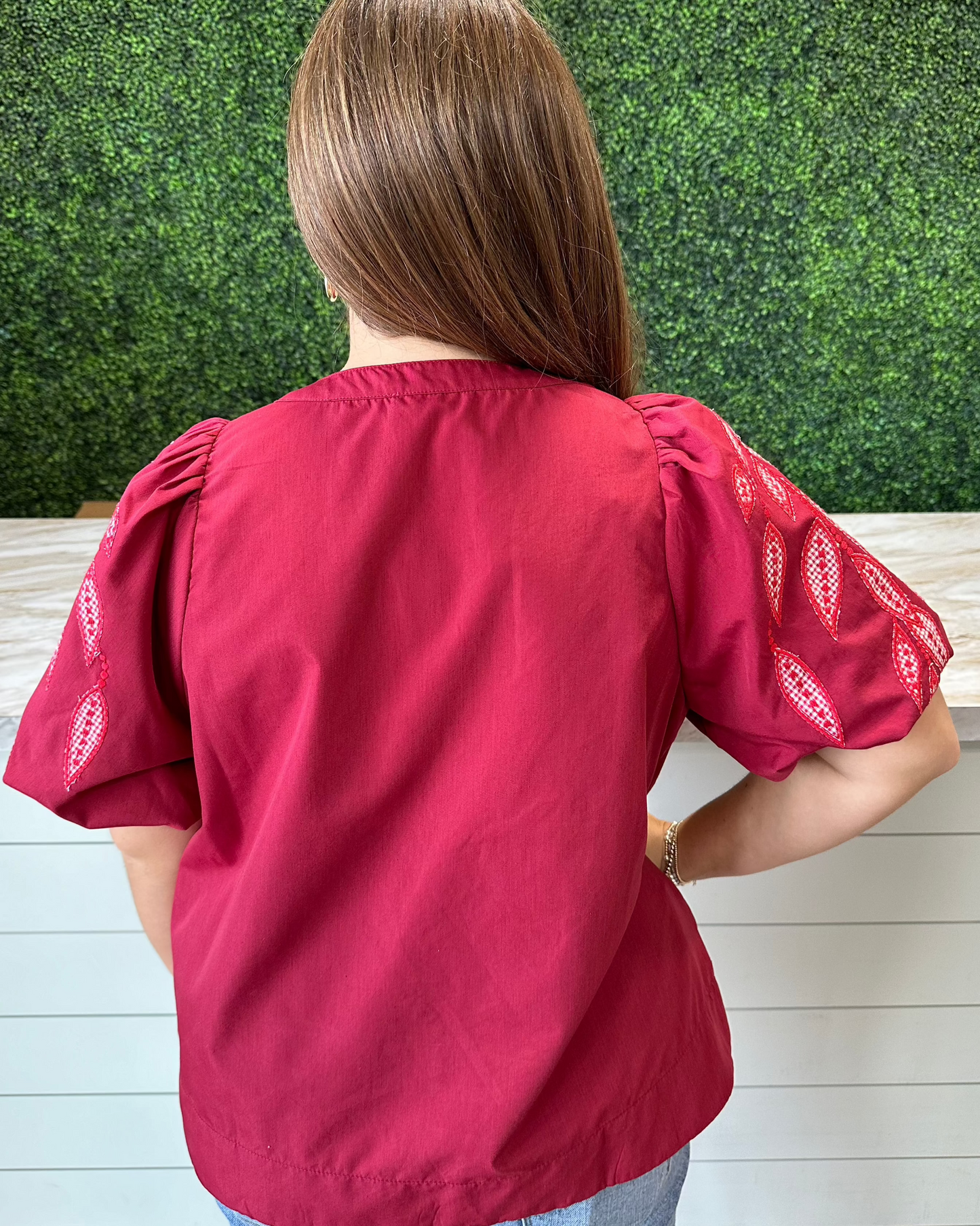 Red V-Neck Embroidered Sleeves Top