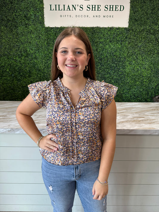 Indigo Floral Satin Blouse