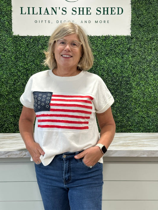 American Flag Patch Short Sleeve Top