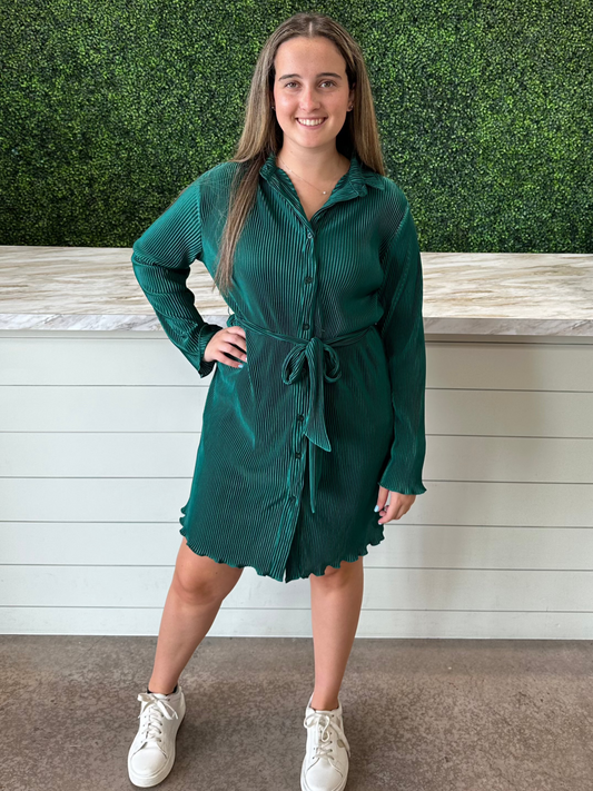 Green Pleated Shimmer Mini Dress