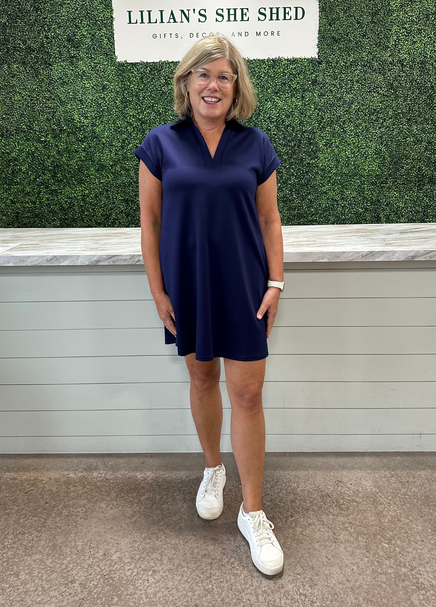 Solid V-Neck Collard Dress