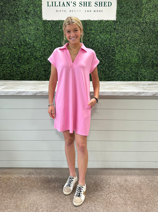 Solid V-Neck Collard Dress