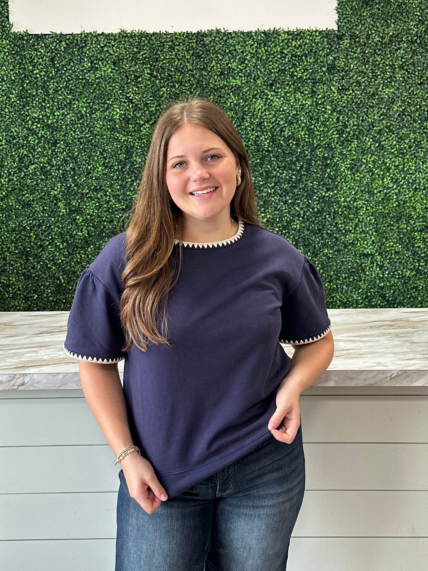 U-Neck Lace Trim Solid Top