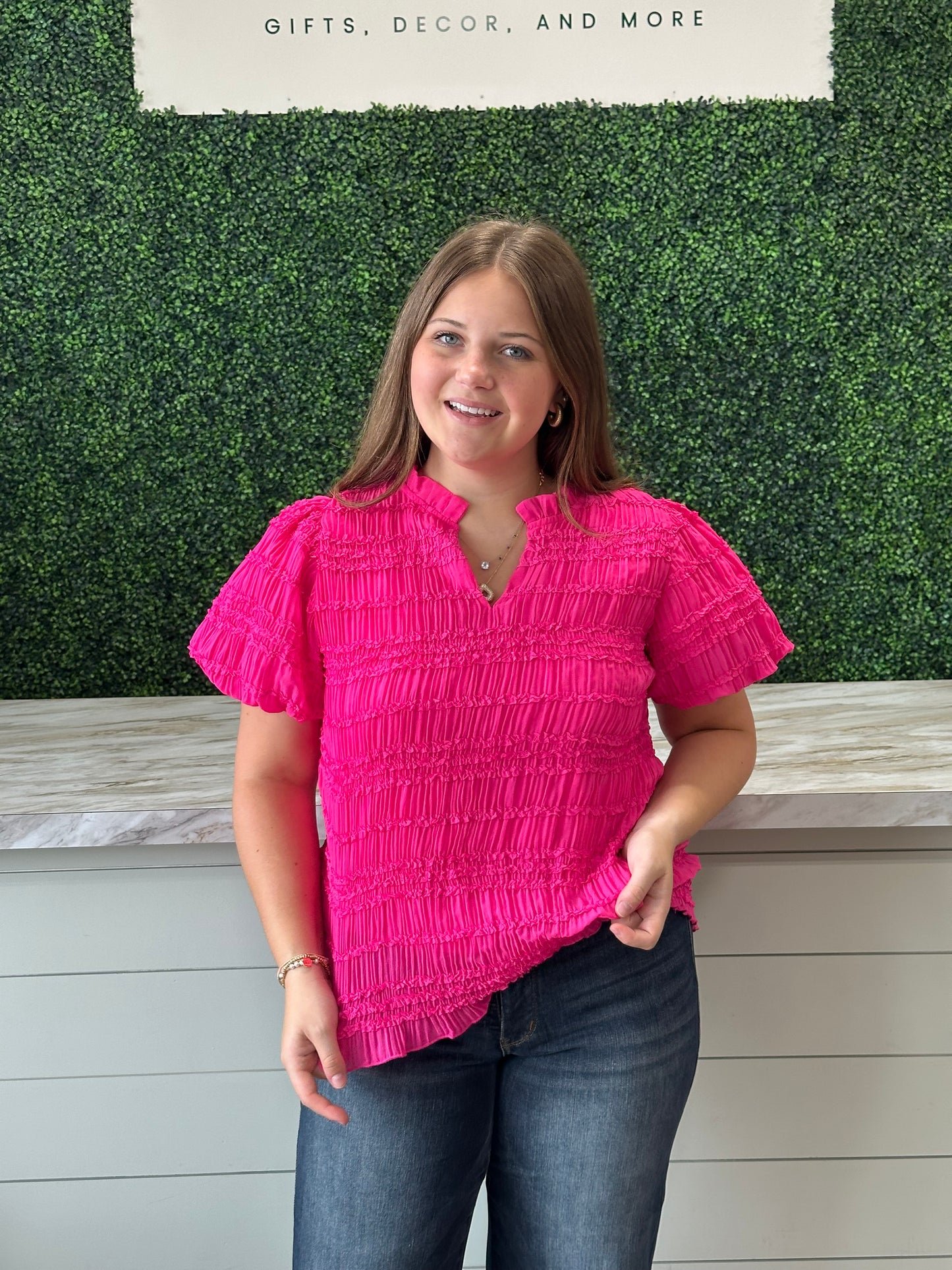 Smock Textured Split Neck Top