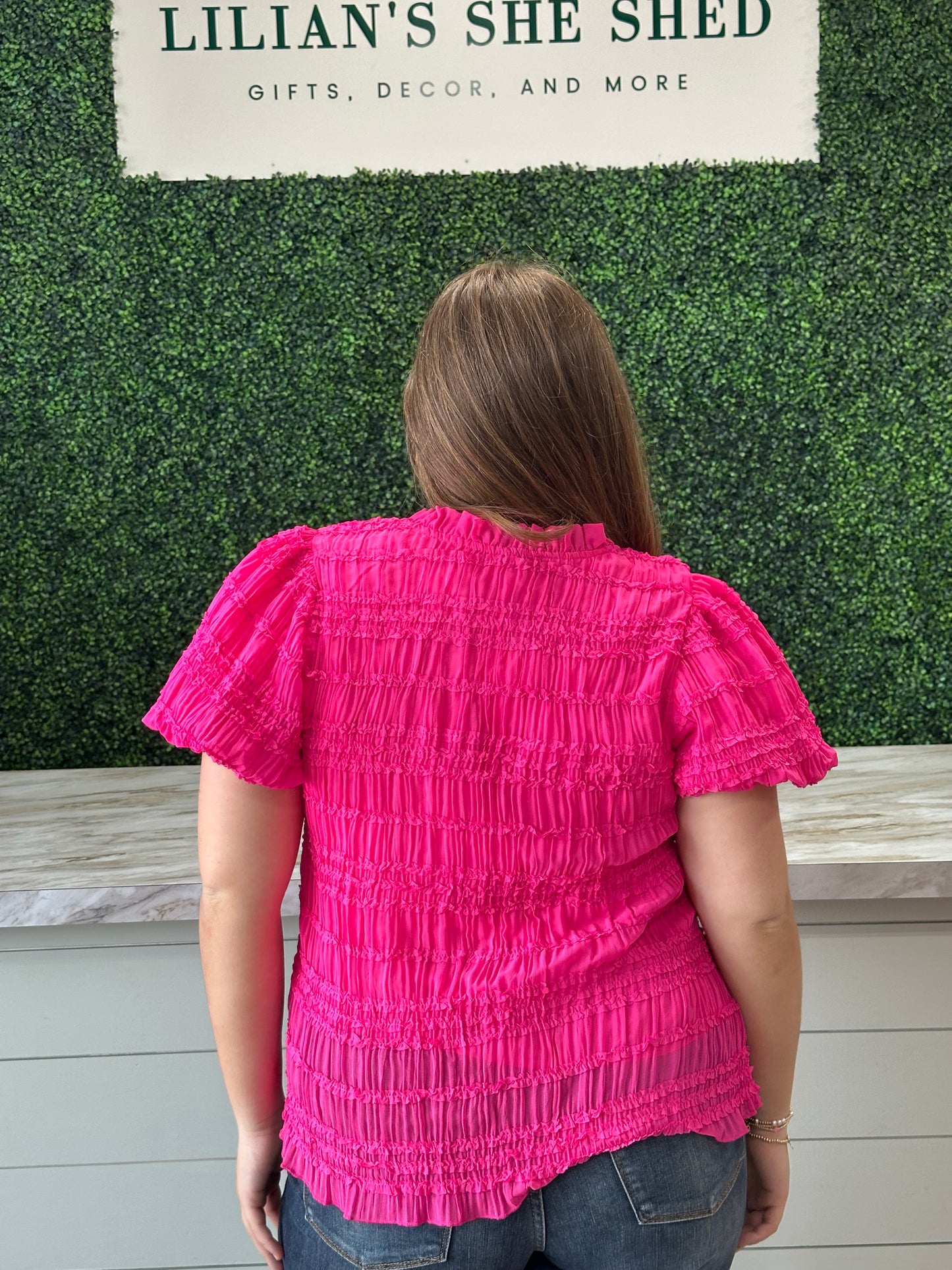 Smock Textured Split Neck Top