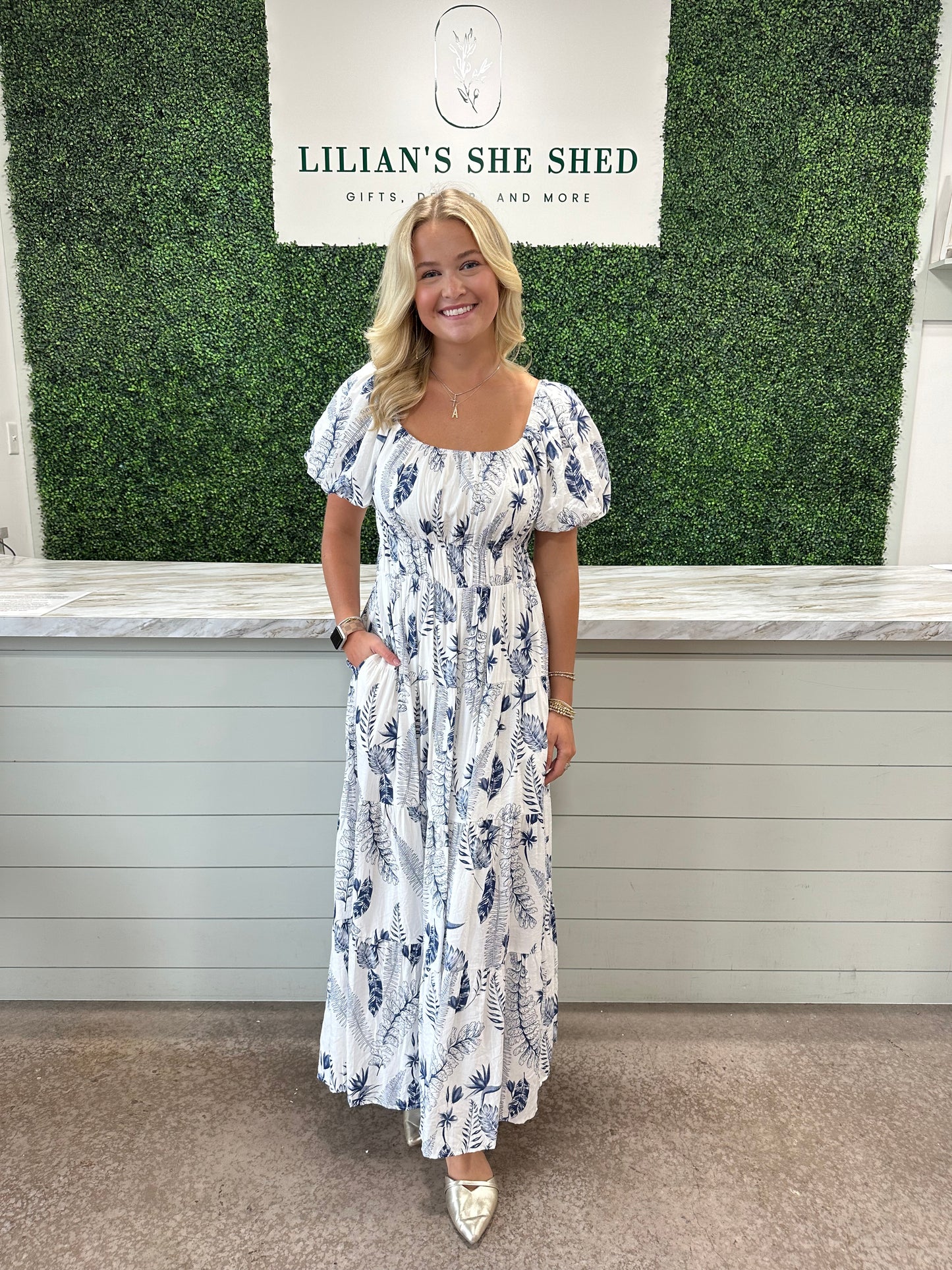 Blue and White Puff Sleeve Maxi dress