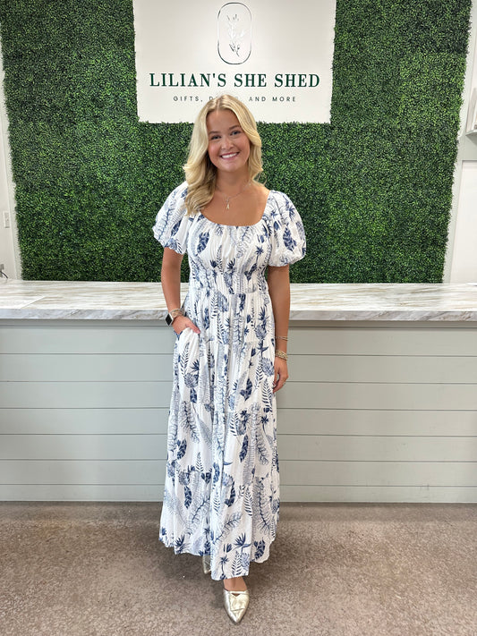 Blue and White Puff Sleeve Maxi dress